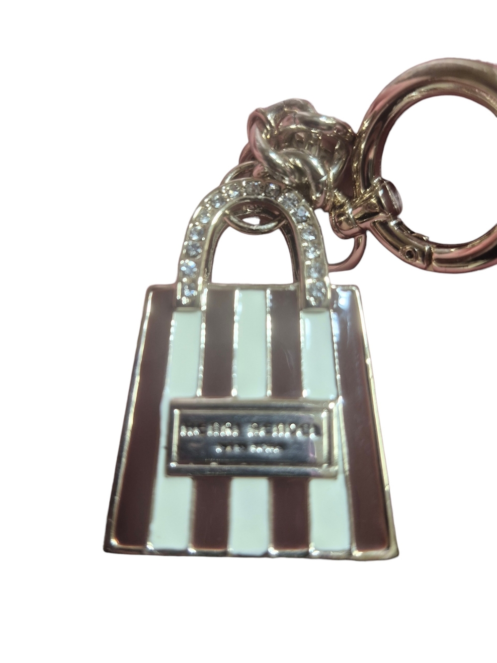 RARE Henri Bendel Brown & White Striped Swarvoski Crystal Shopping Bag Keychain - Picture 7 of 9